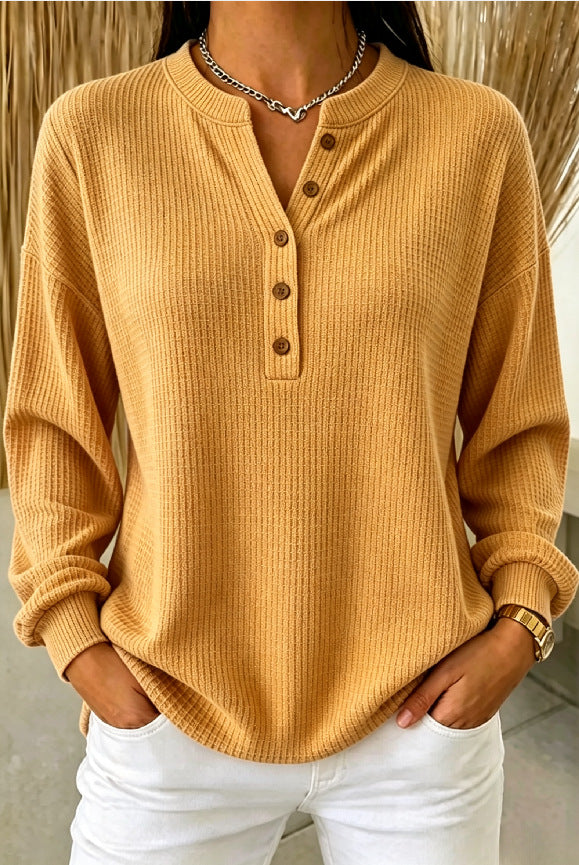 🧡 Women’s Knit Polo Shirt Ribbed Henley Neck Button Placket Long Sleeve Loose Top
