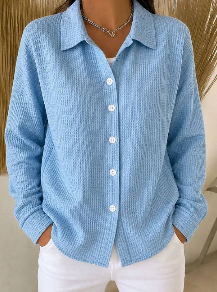 💙 Women’s Waffle Knit Shirt Collared Button-Down Long Sleeve Loose Top
