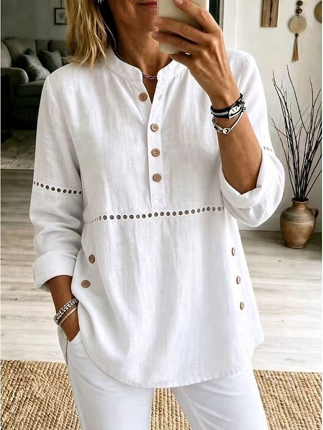❤ Women’s Cutout Patchwork Polo Shirt Henley Neck Button Placket Long Sleeve Loose Top