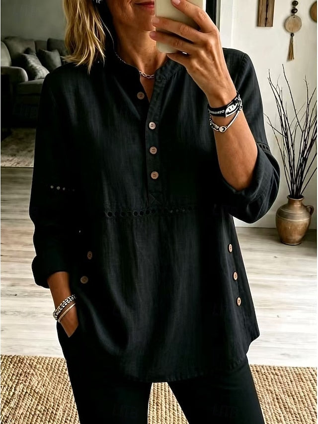 ❤ Women’s Cutout Patchwork Polo Shirt Henley Neck Button Placket Long Sleeve Loose Top