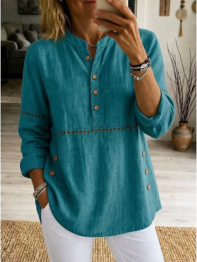 ❤ Women’s Cutout Patchwork Polo Shirt Henley Neck Button Placket Long Sleeve Loose Top