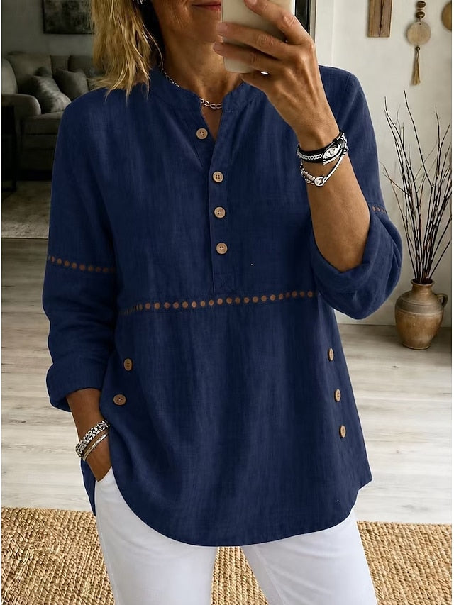 ❤ Women’s Cutout Patchwork Polo Shirt Henley Neck Button Placket Long Sleeve Loose Top