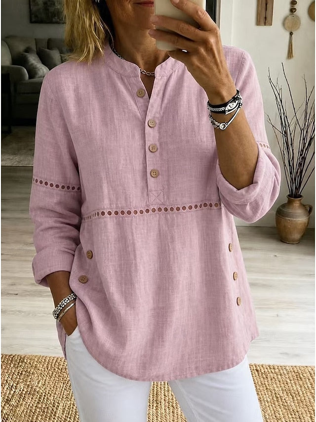❤ Women’s Cutout Patchwork Polo Shirt Henley Neck Button Placket Long Sleeve Loose Top