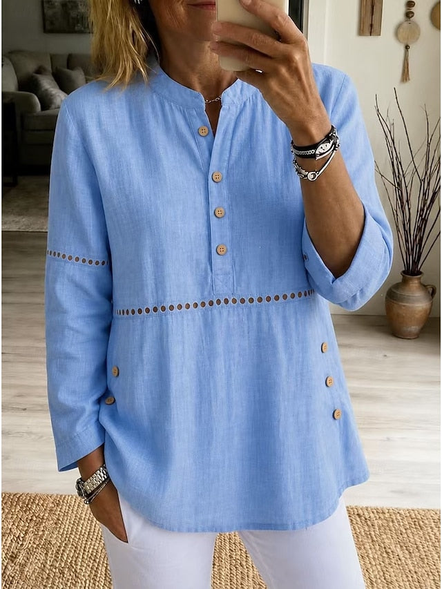 ❤ Women’s Cutout Patchwork Polo Shirt Henley Neck Button Placket Long Sleeve Loose Top