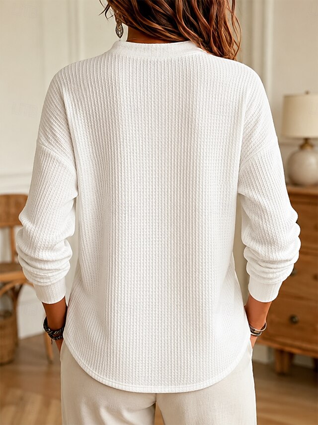 💙 Women’s Waffle Knit Polo Shirt Stand Collar Button Placket Long Sleeve Loose Top