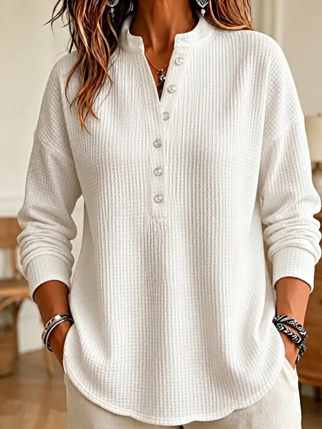 💙 Women’s Waffle Knit Polo Shirt Stand Collar Button Placket Long Sleeve Loose Top