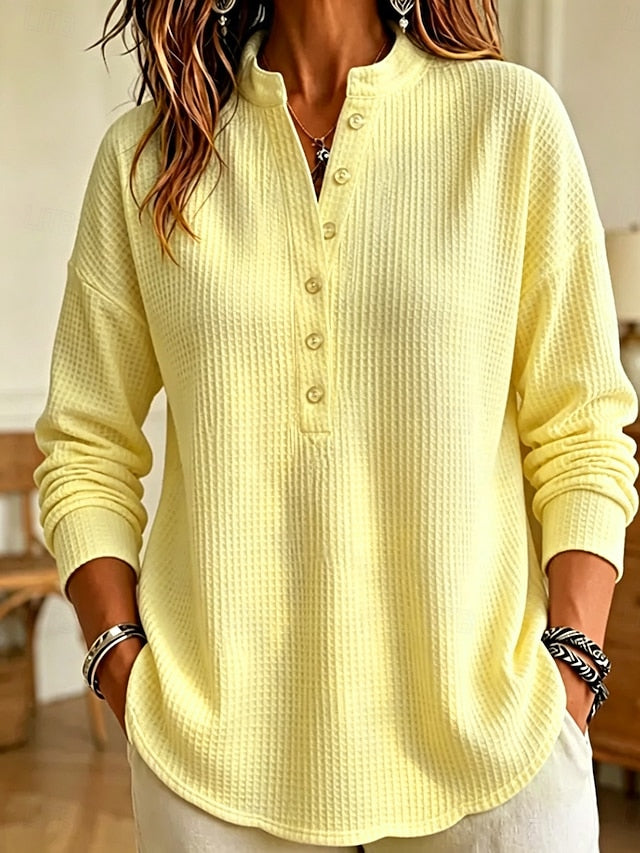 💙 Women’s Waffle Knit Polo Shirt Stand Collar Button Placket Long Sleeve Loose Top