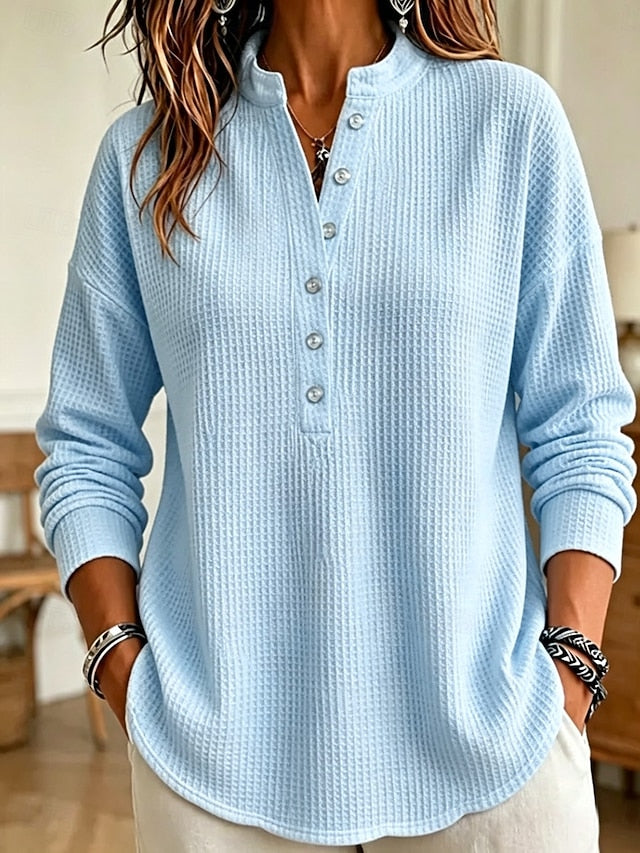 💙 Women’s Waffle Knit Polo Shirt Stand Collar Button Placket Long Sleeve Loose Top