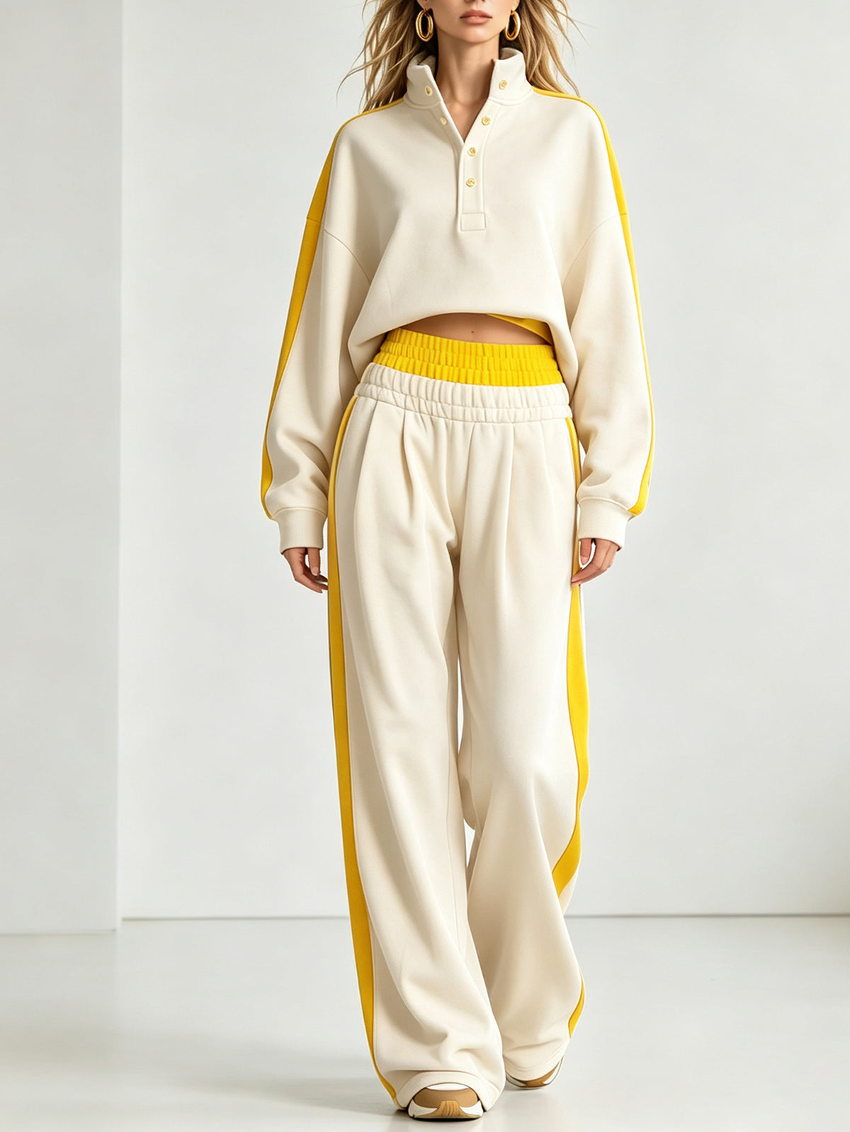 ✨Stand Collar Short Top & High Waist Wide Leg Pants Set