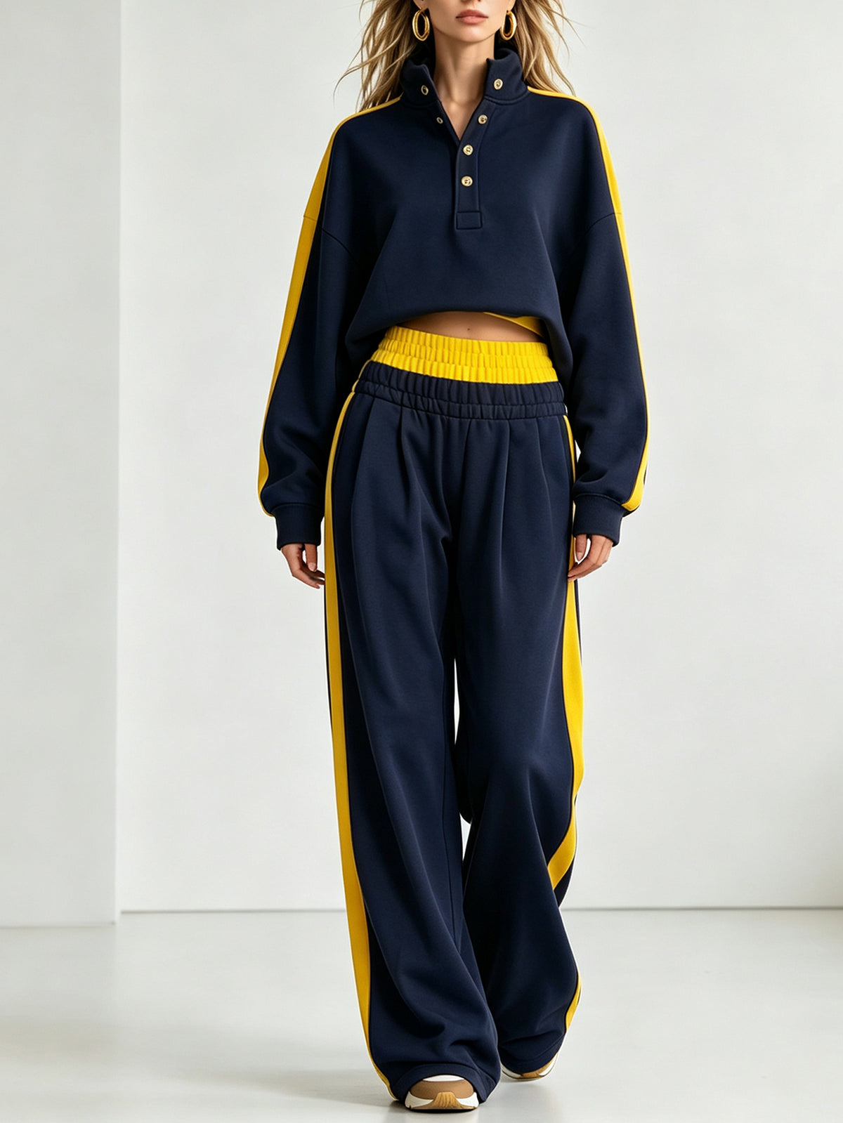 ✨Stand Collar Short Top & High Waist Wide Leg Pants Set