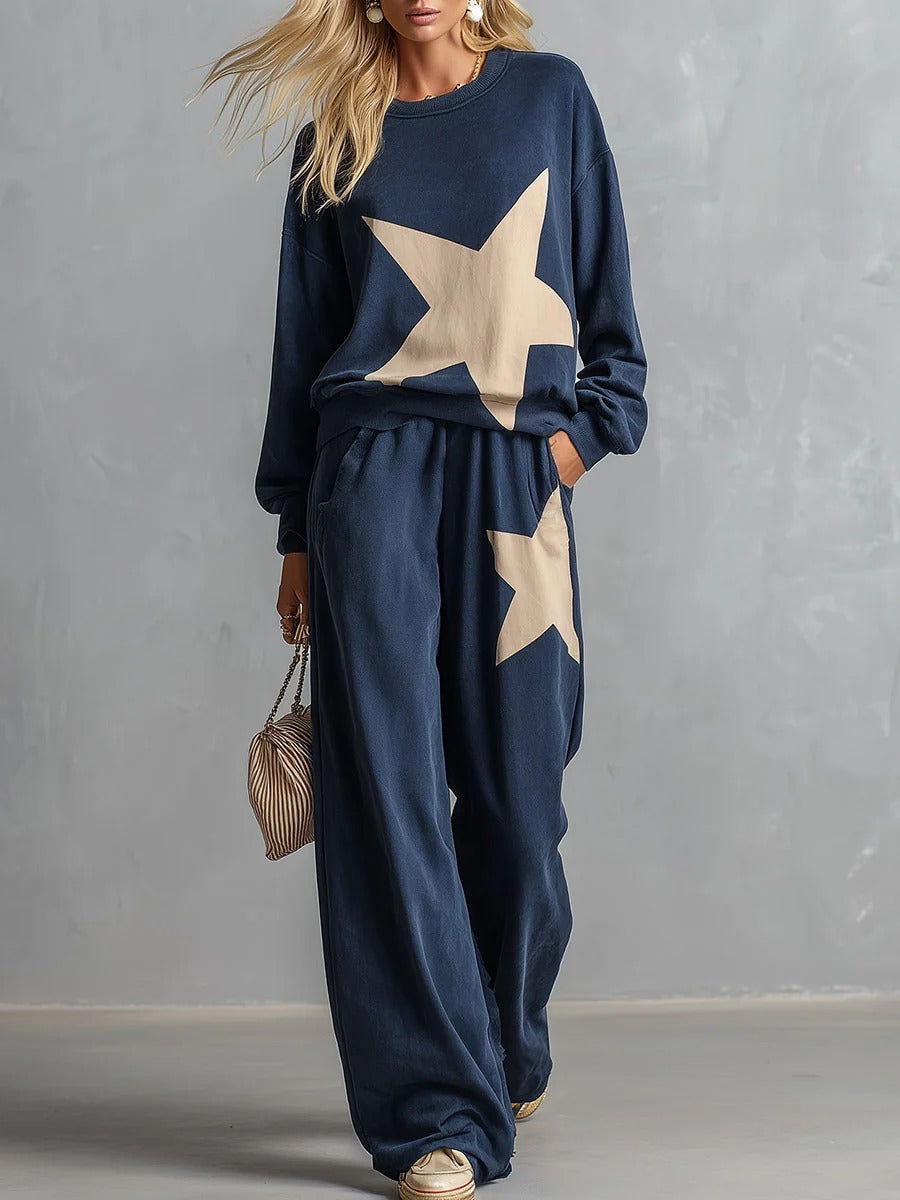 🔥Black Star Patch Round Neck Top & Wide Leg Pants Set