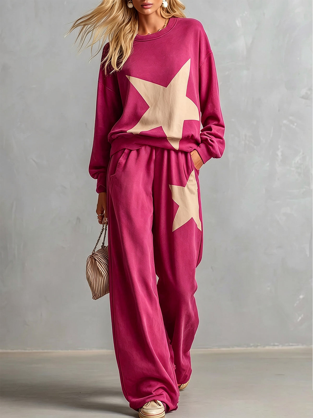 🔥Black Star Patch Round Neck Top & Wide Leg Pants Set