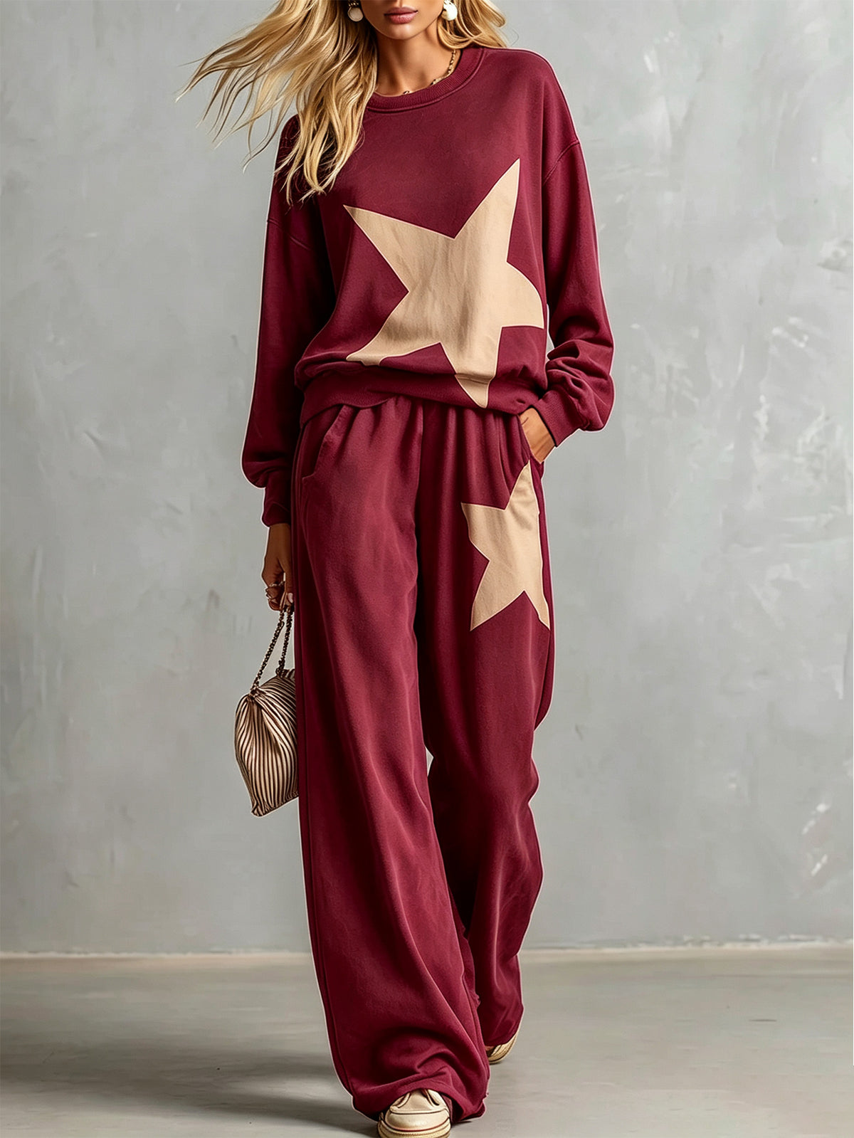 🔥Black Star Patch Round Neck Top & Wide Leg Pants Set