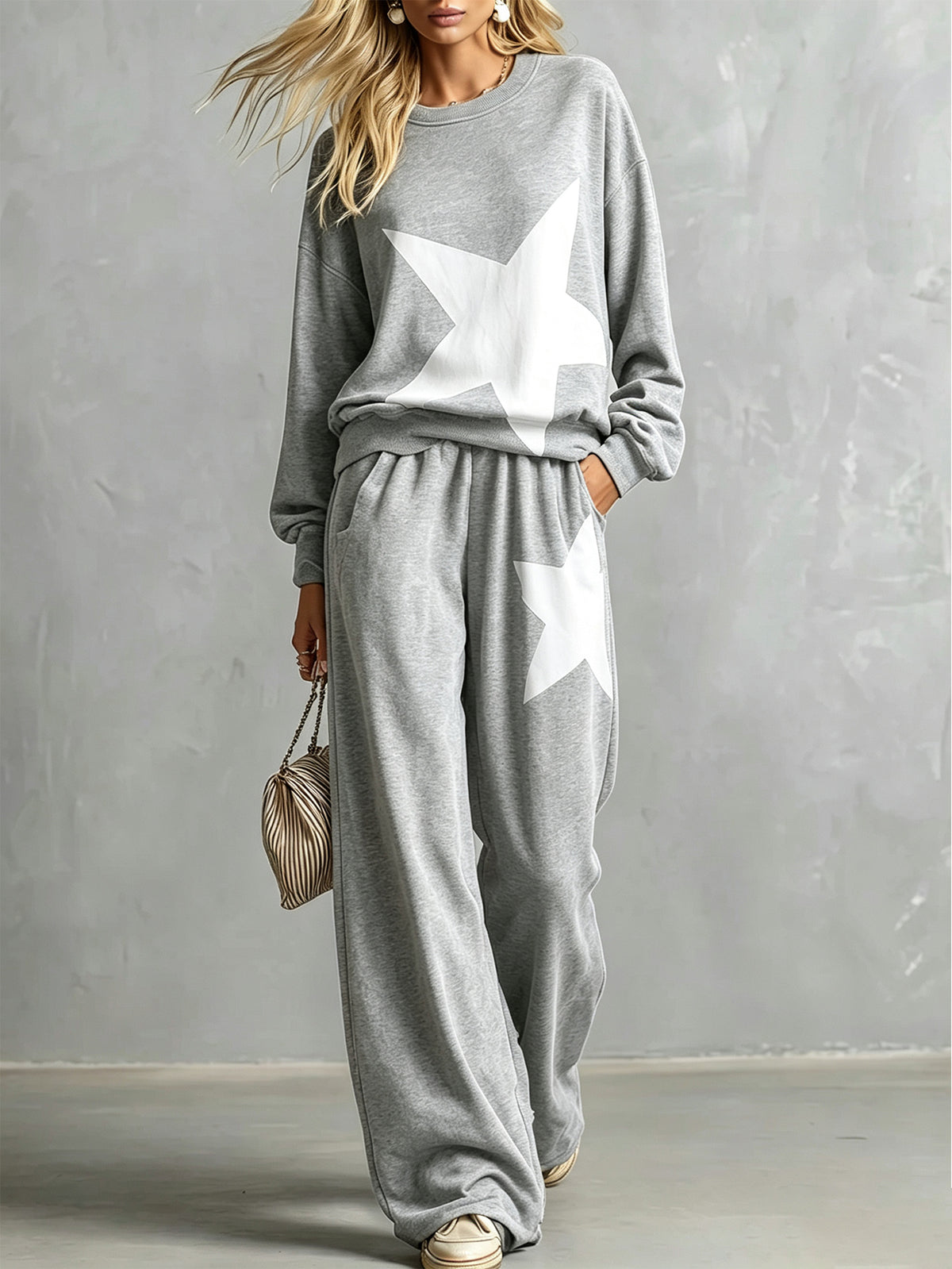 🔥Black Star Patch Round Neck Top & Wide Leg Pants Set