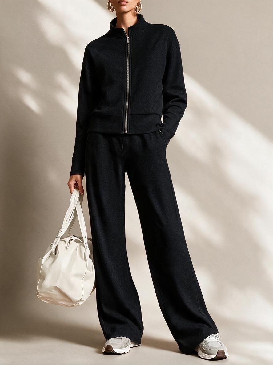 Stand Collar Zip Jacket & Wide Leg Pants Sporty Set🔥