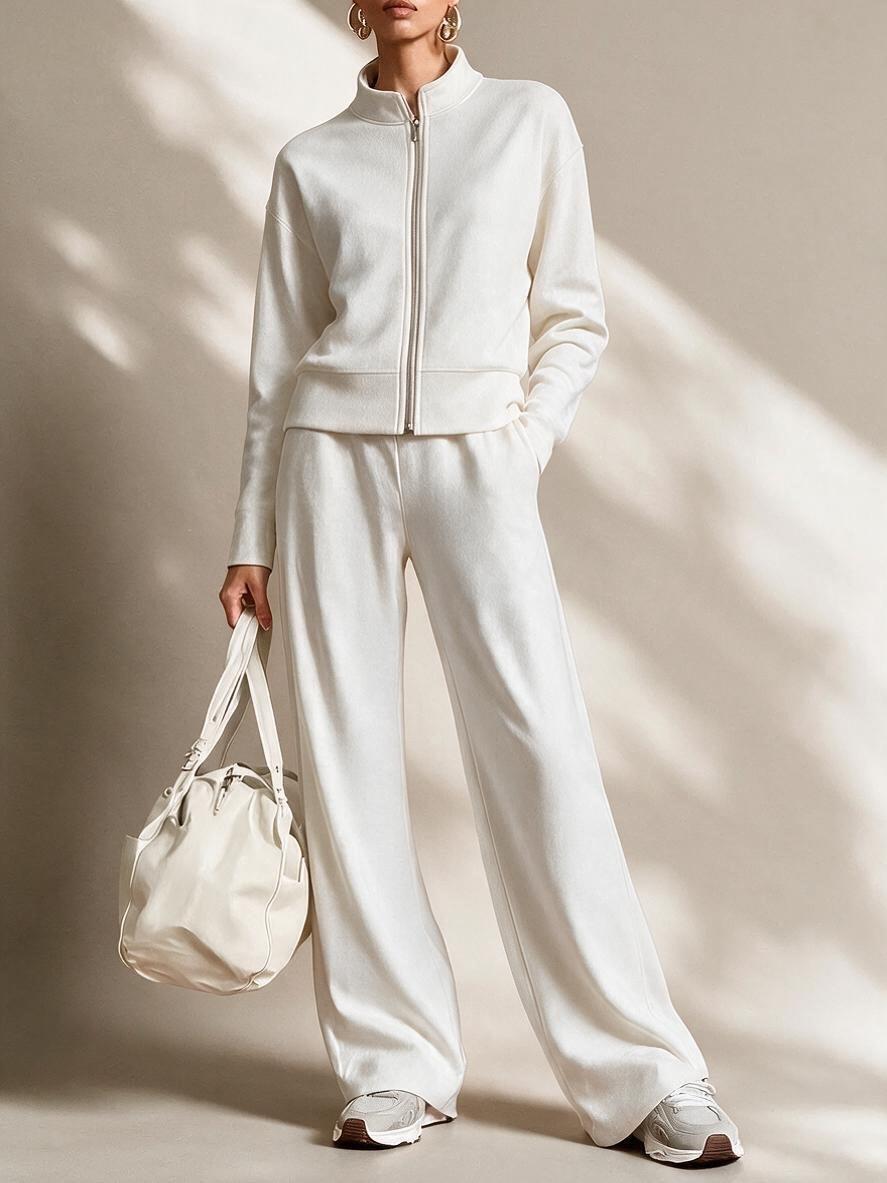 Stand Collar Zip Jacket & Wide Leg Pants Sporty Set🔥