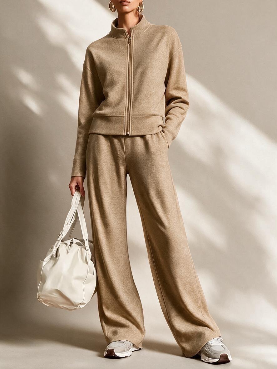 Stand Collar Zip Jacket & Wide Leg Pants Sporty Set🔥