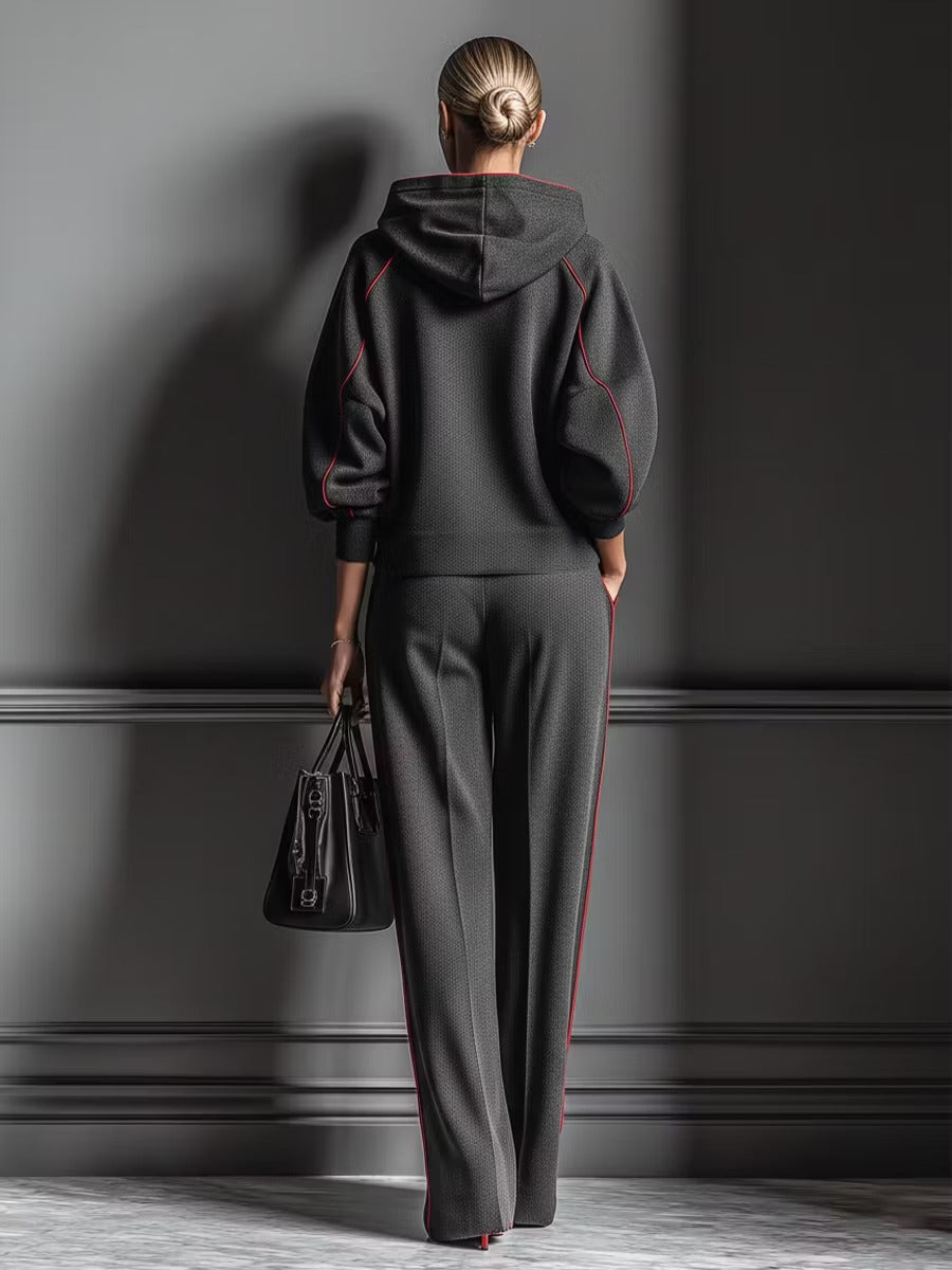 ✨Hooded Top & Wide Leg Pants Set With Red Piping