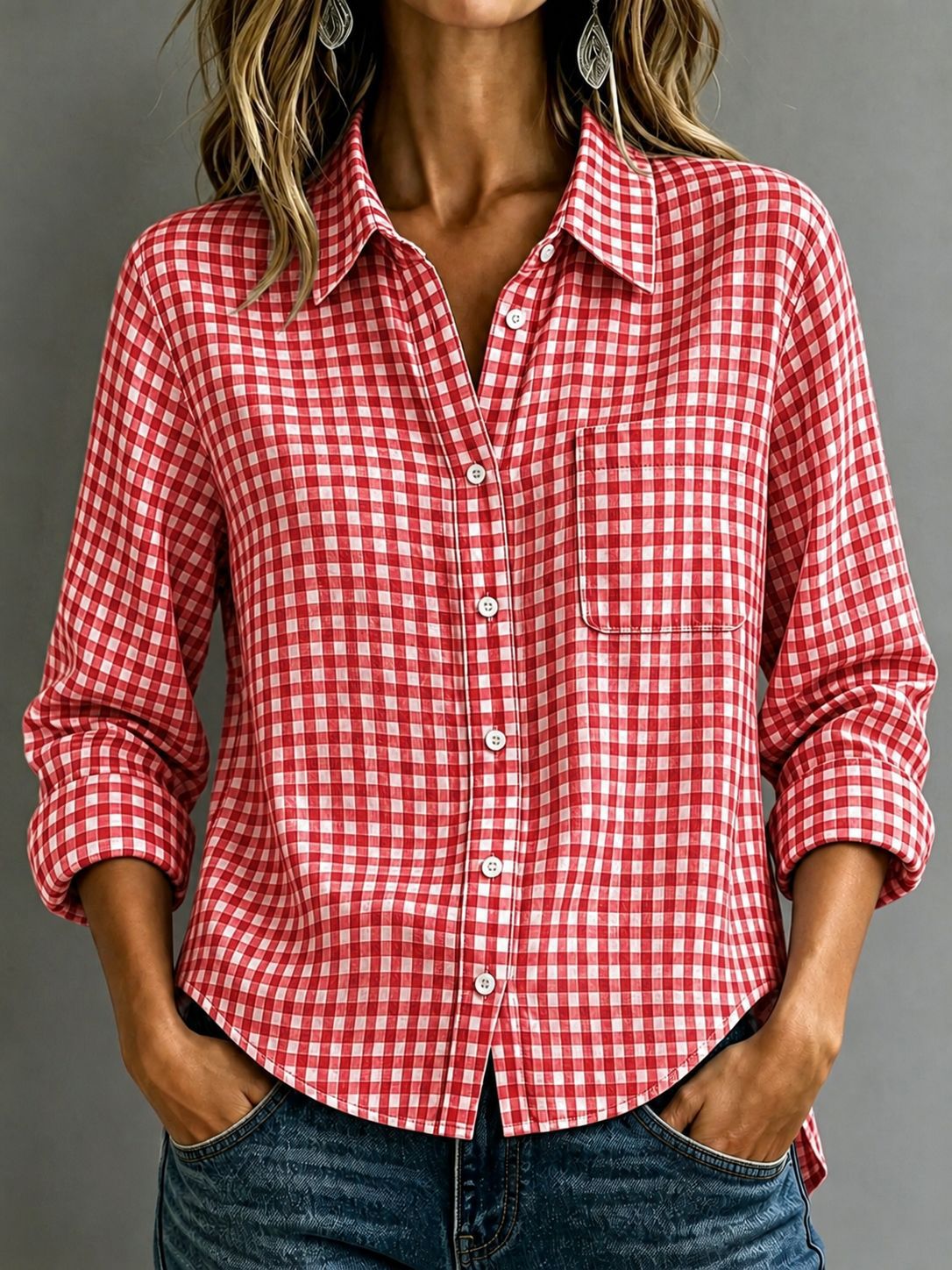 Women Lapel Plaid Button Down Long Sleeve Shirt With Chest Pocket