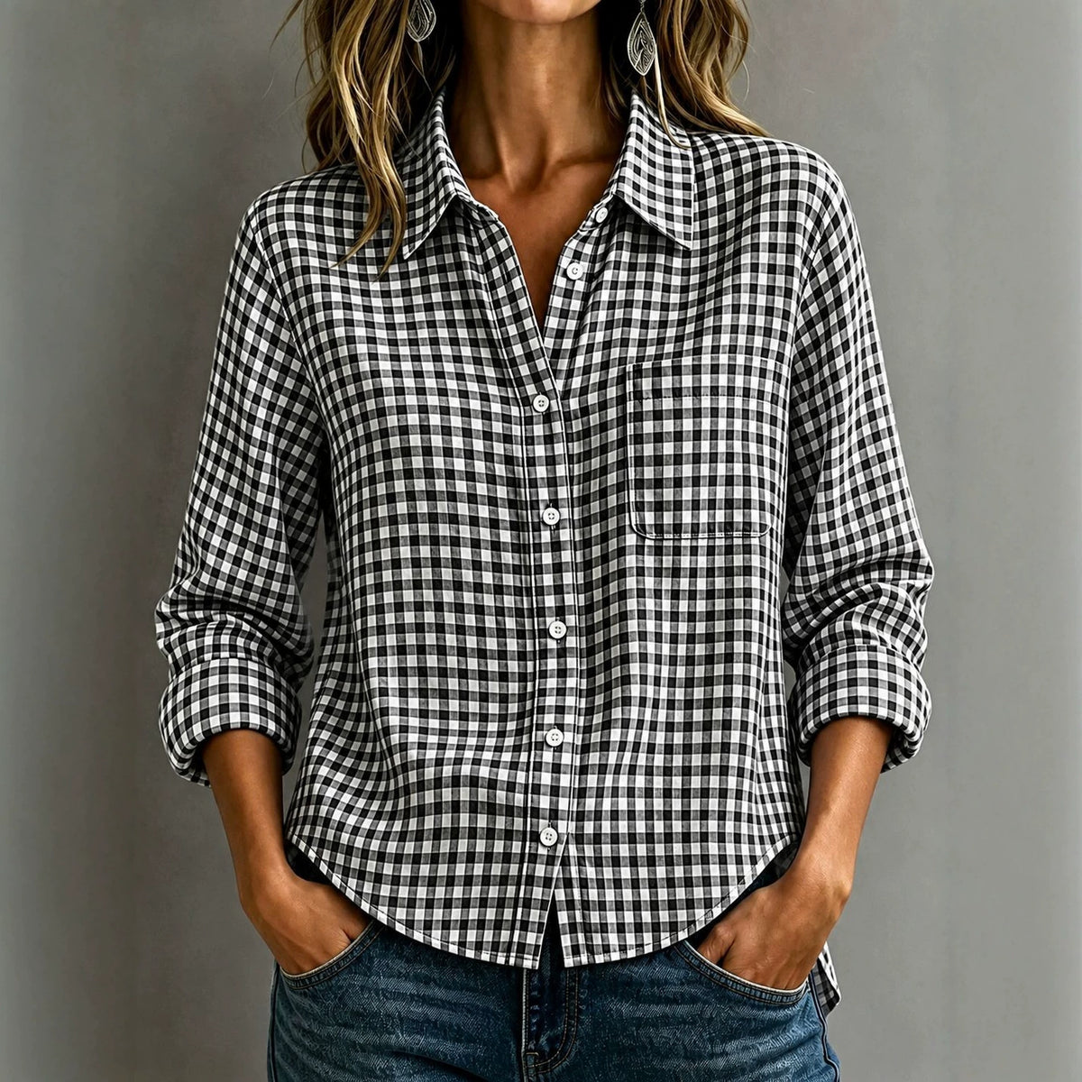 Women Lapel Plaid Button Down Long Sleeve Shirt With Chest Pocket