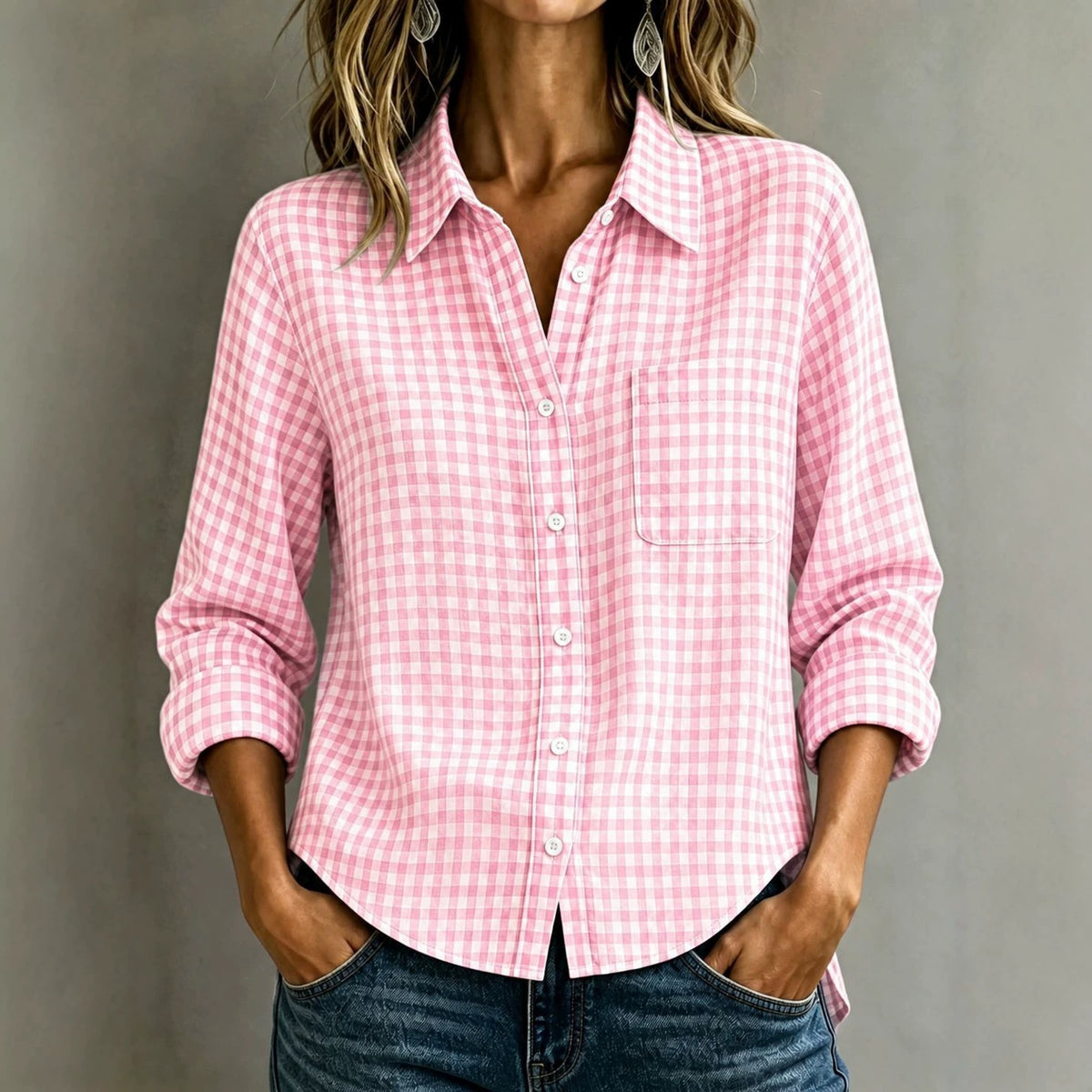 Women Lapel Plaid Button Down Long Sleeve Shirt With Chest Pocket