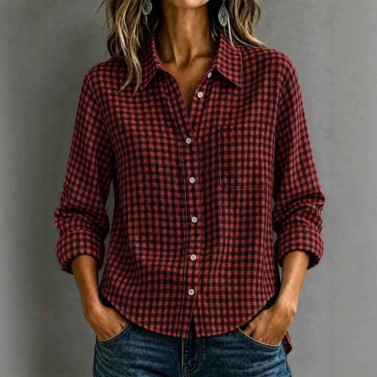 Women Lapel Plaid Button Down Long Sleeve Shirt With Chest Pocket