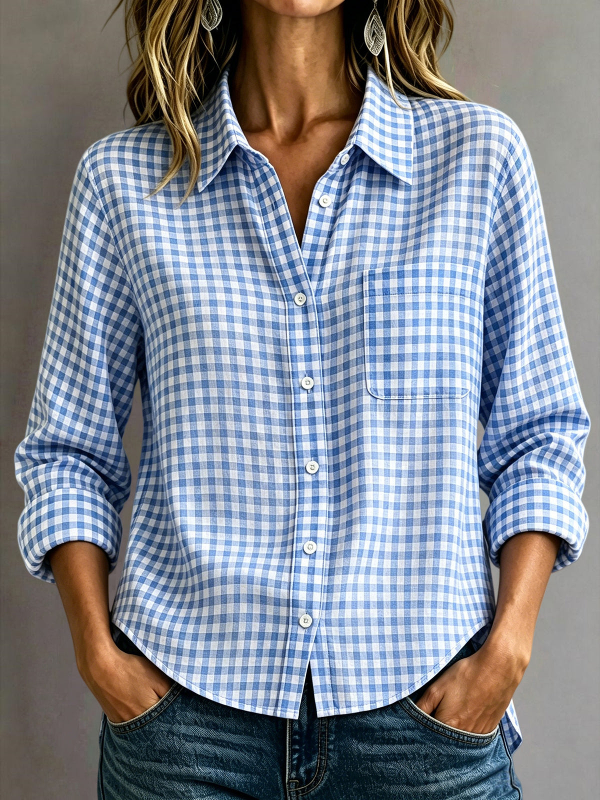 Women Lapel Plaid Button Down Long Sleeve Shirt With Chest Pocket