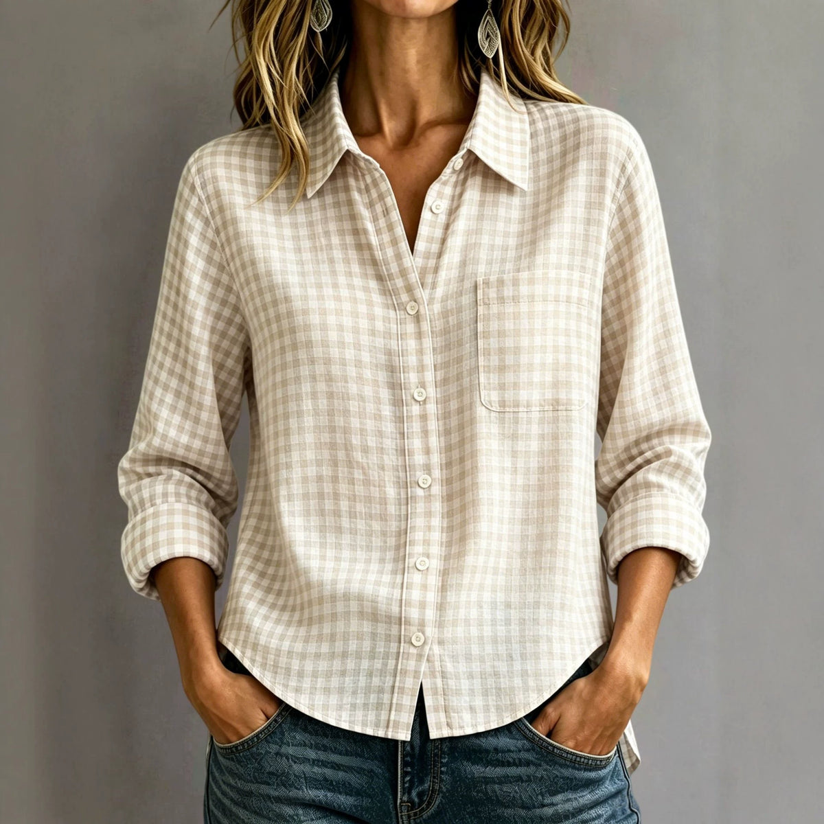 Women Lapel Plaid Button Down Long Sleeve Shirt With Chest Pocket