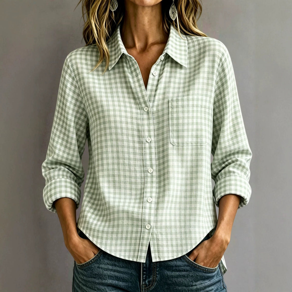 Women Lapel Plaid Button Down Long Sleeve Shirt With Chest Pocket