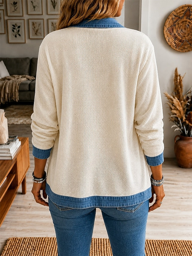 Women’s Casual Denim Waffle Knit Jacket Button Front Contrast Collar Long Sleeve Outerwear
