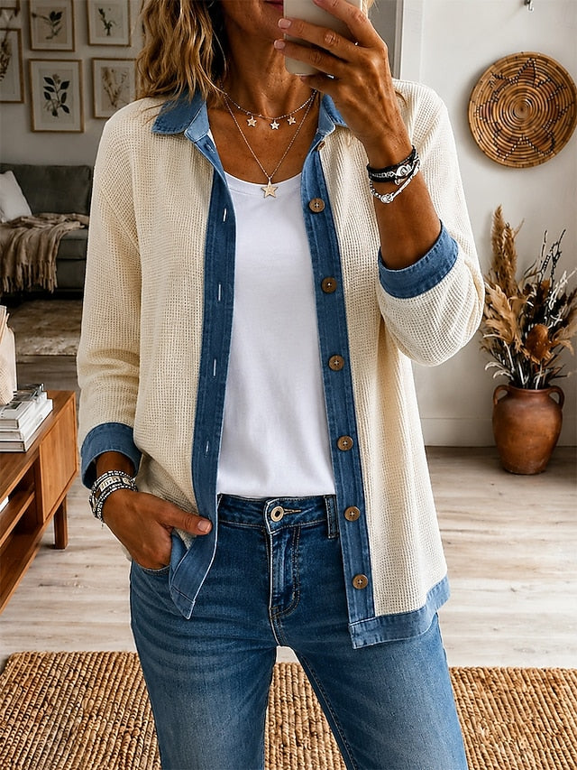 Women’s Casual Denim Waffle Knit Jacket Button Front Contrast Collar Long Sleeve Outerwear