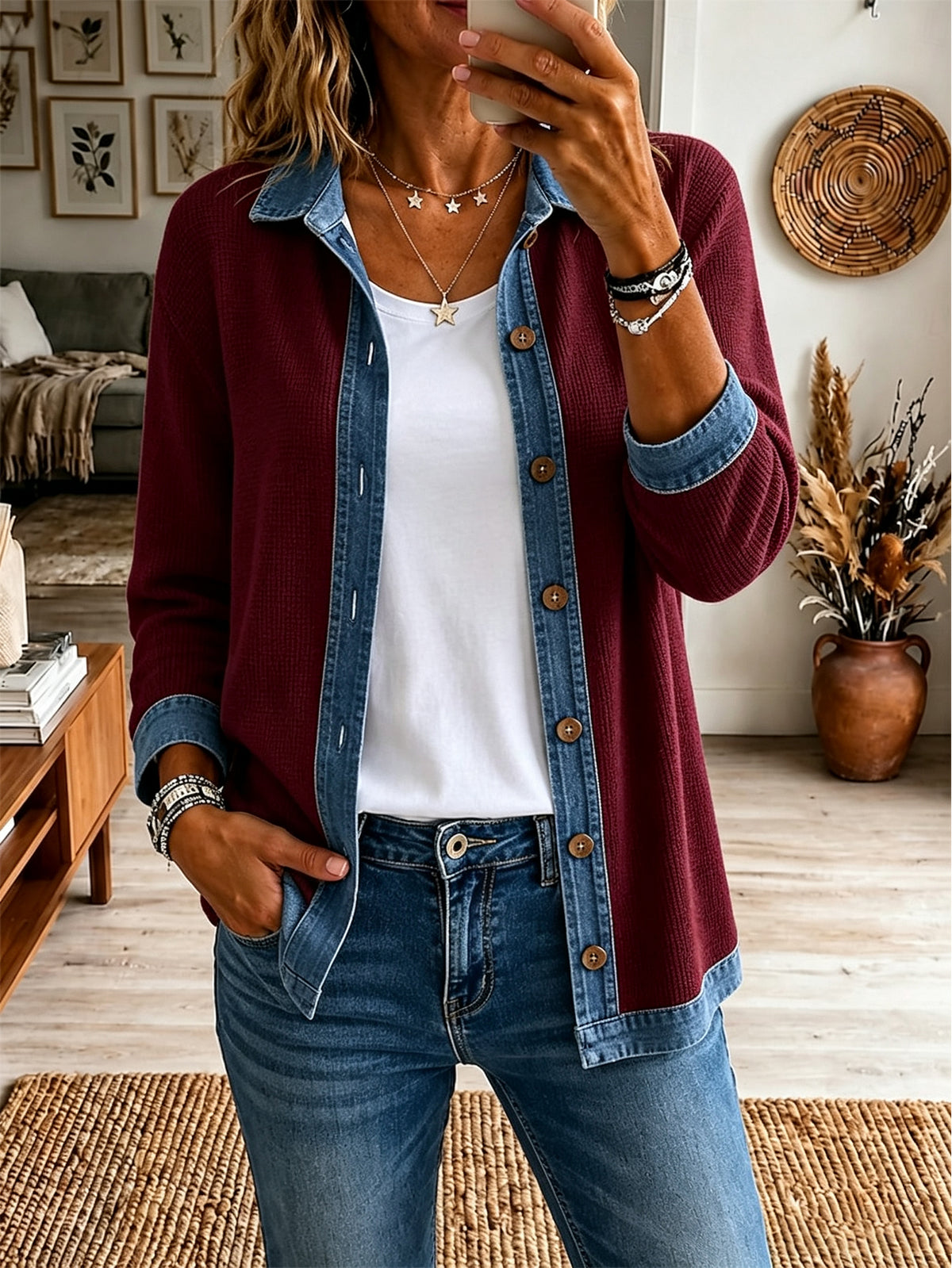Women’s Casual Denim Waffle Knit Jacket Button Front Contrast Collar Long Sleeve Outerwear