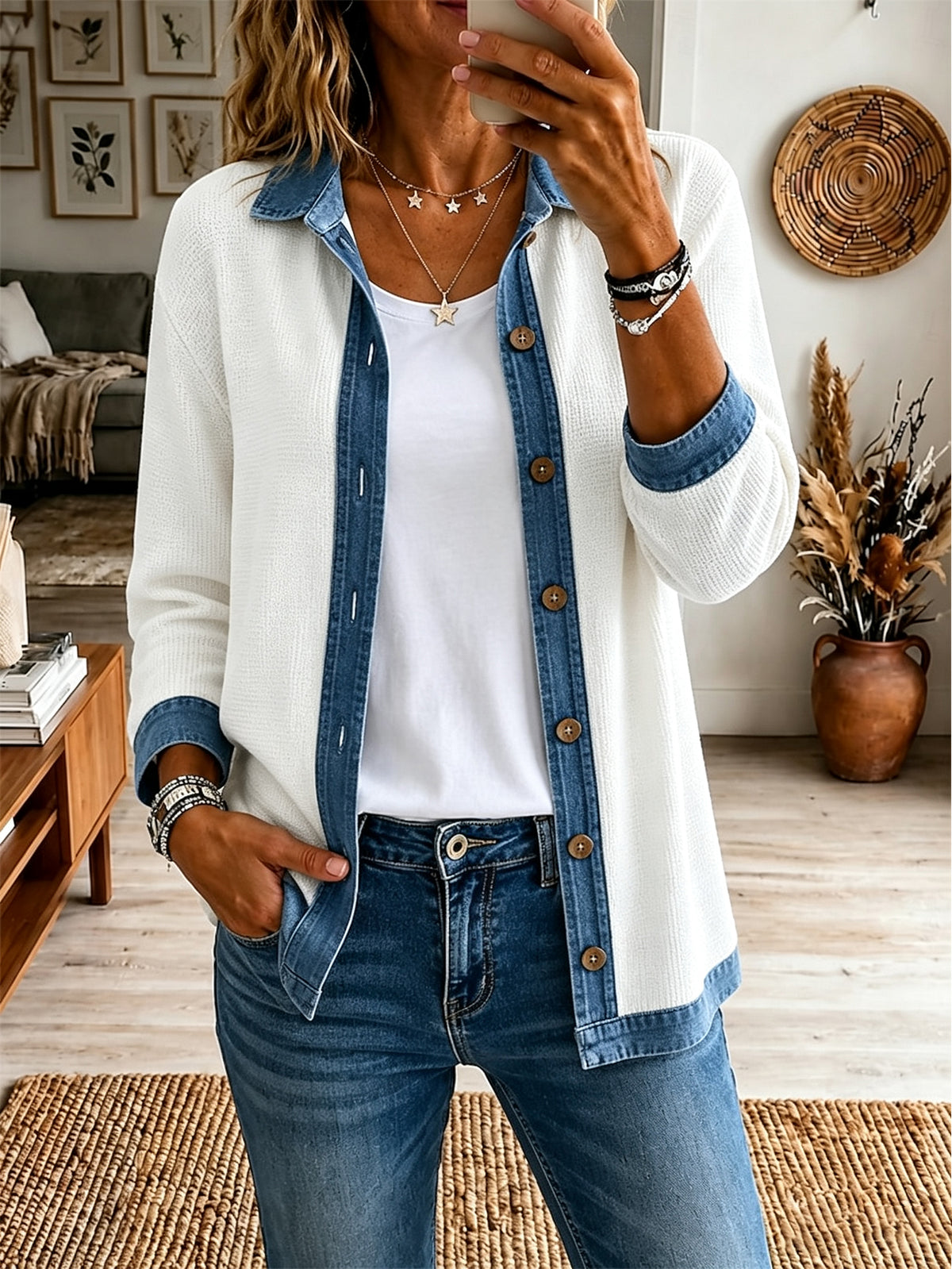 Women’s Casual Denim Waffle Knit Jacket Button Front Contrast Collar Long Sleeve Outerwear