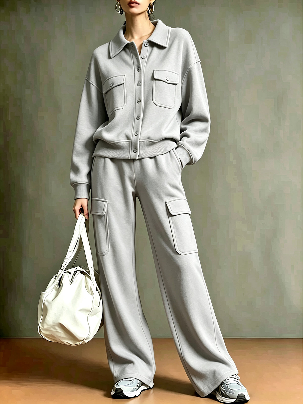 ✨Women’s Athletic Cargo Set Polo Collar Button Top & Wide Leg Cargo Pants Two-Piece Outfit