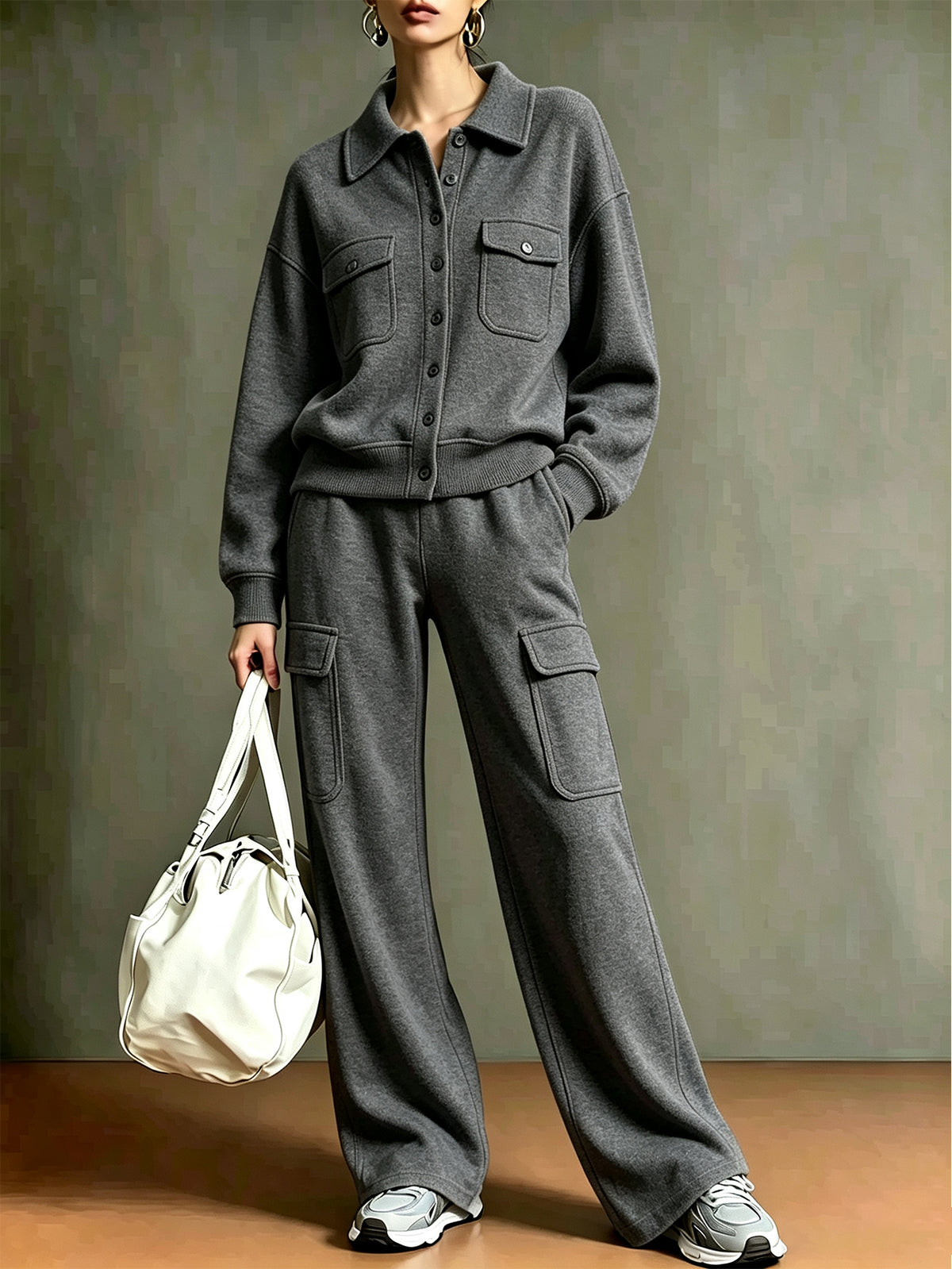 ✨Women’s Athletic Cargo Set Polo Collar Button Top & Wide Leg Cargo Pants Two-Piece Outfit