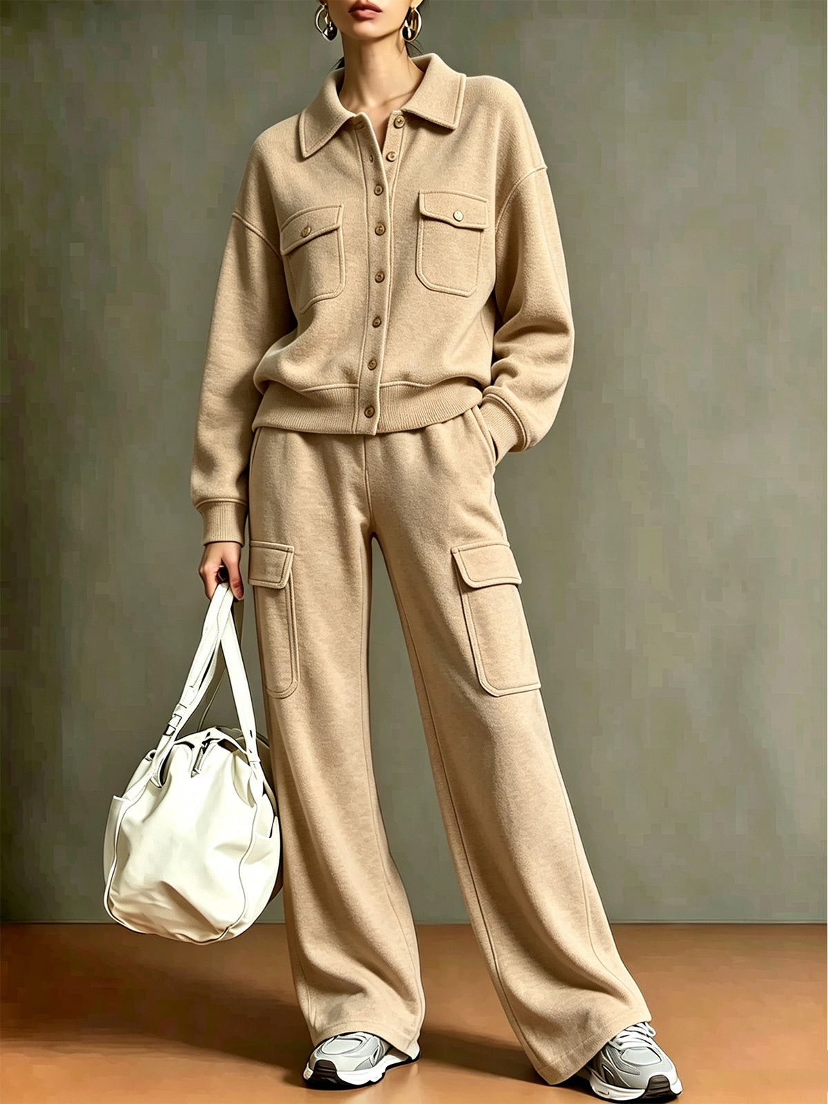 ✨Women’s Athletic Cargo Set Polo Collar Button Top & Wide Leg Cargo Pants Two-Piece Outfit