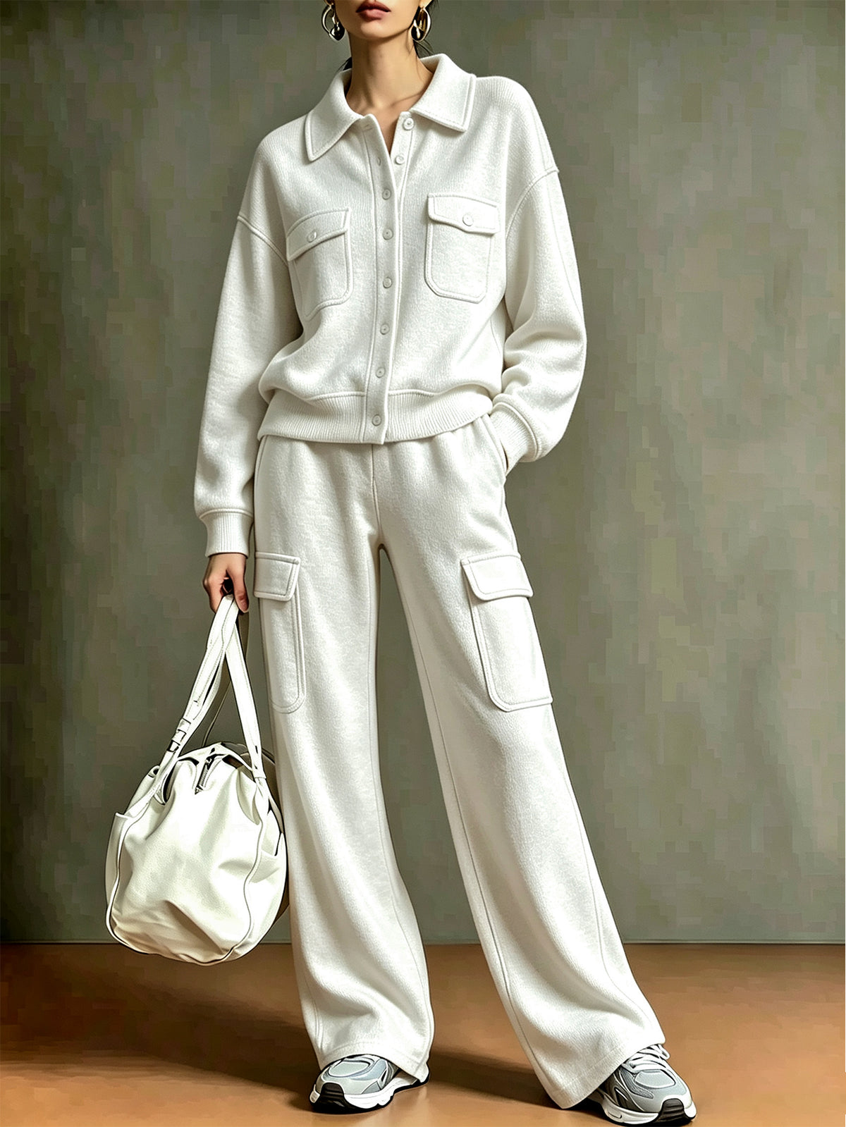 ✨Women’s Athletic Cargo Set Polo Collar Button Top & Wide Leg Cargo Pants Two-Piece Outfit