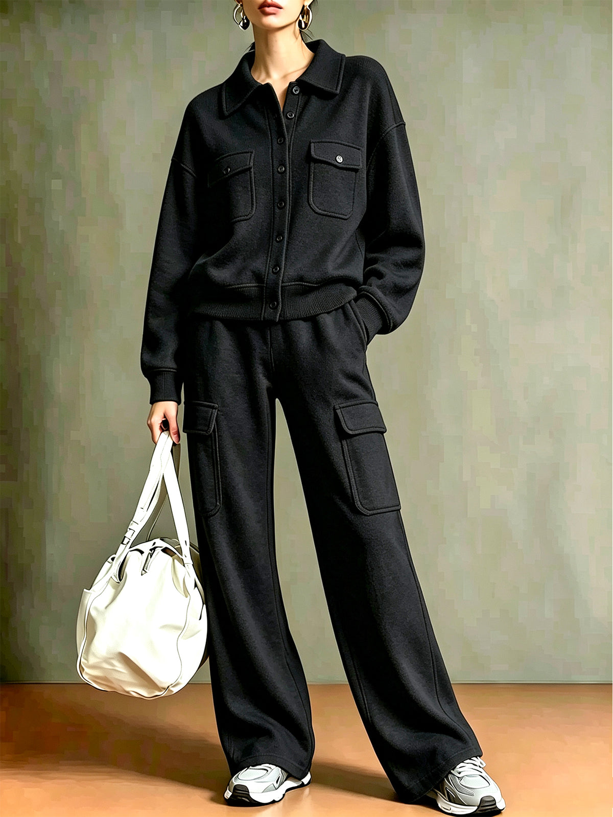 ✨Women’s Athletic Cargo Set Polo Collar Button Top & Wide Leg Cargo Pants Two-Piece Outfit
