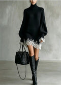 🤍 Women’s Casual Turtleneck Lace Patchwork Knit Sweater Dress Long Sleeve Mini Dress