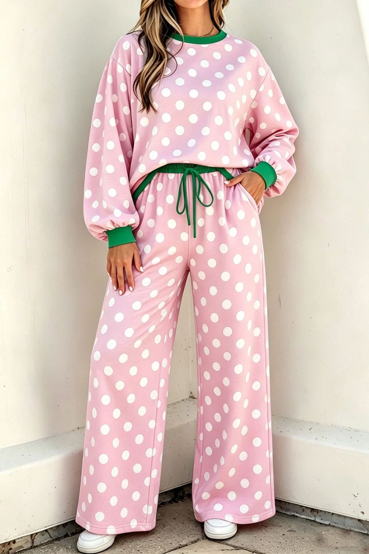 Women’s Polka Dot Round Neck Casual Set Long Sleeve Top & Wide Leg Pants Two-Piece Outfit