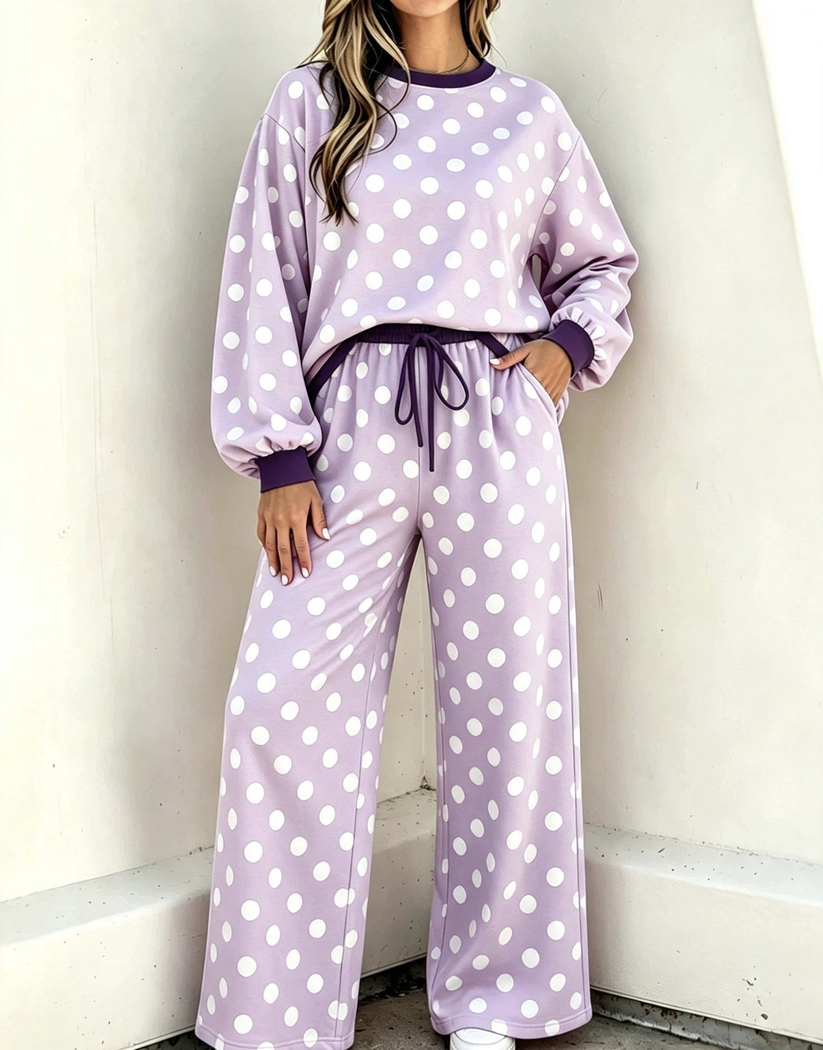 Women’s Polka Dot Round Neck Casual Set Long Sleeve Top & Wide Leg Pants Two-Piece Outfit