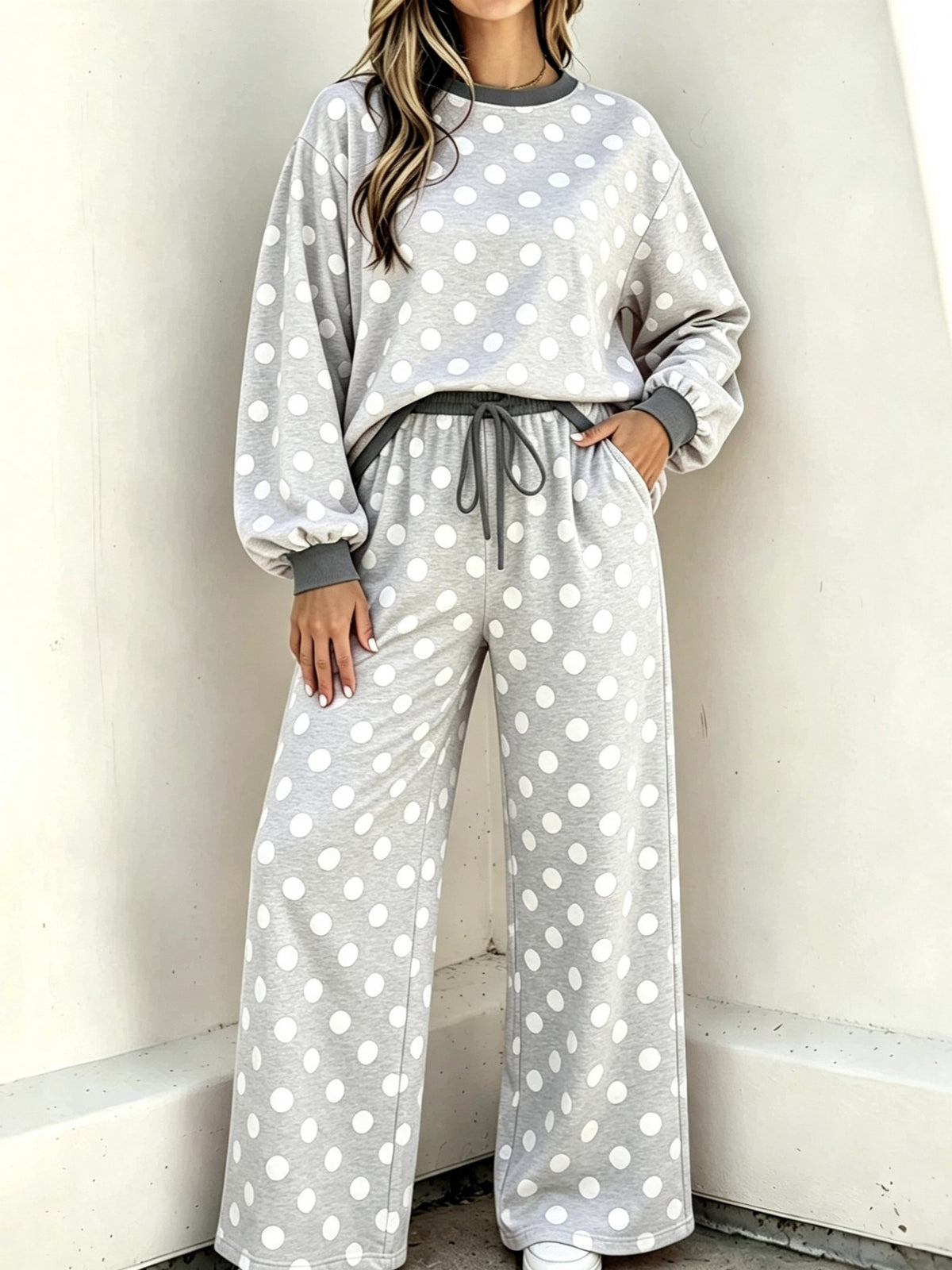 Women’s Polka Dot Round Neck Casual Set Long Sleeve Top & Wide Leg Pants Two-Piece Outfit