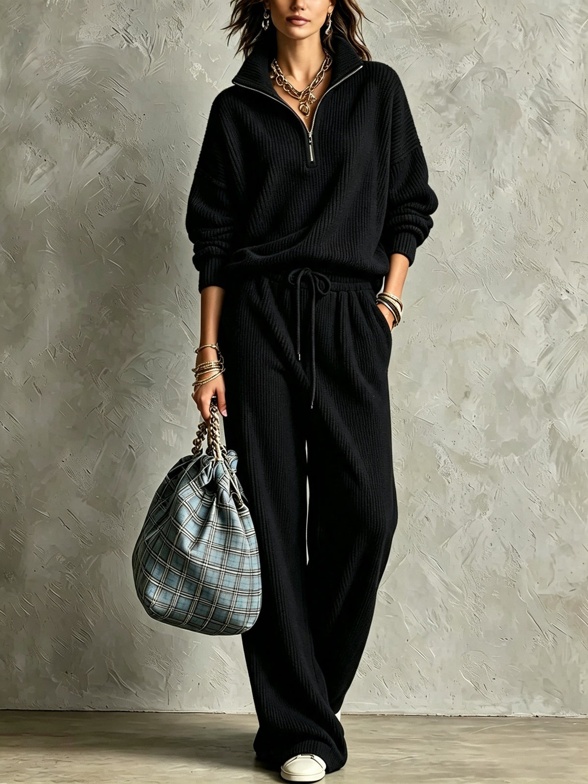 Women’s Corduroy Stand Collar Casual Set Zip-Up Jacket & Wide Leg Pants Two-Piece Outfit