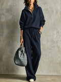 Women’s Corduroy Stand Collar Casual Set Zip-Up Jacket & Wide Leg Pants Two-Piece Outfit