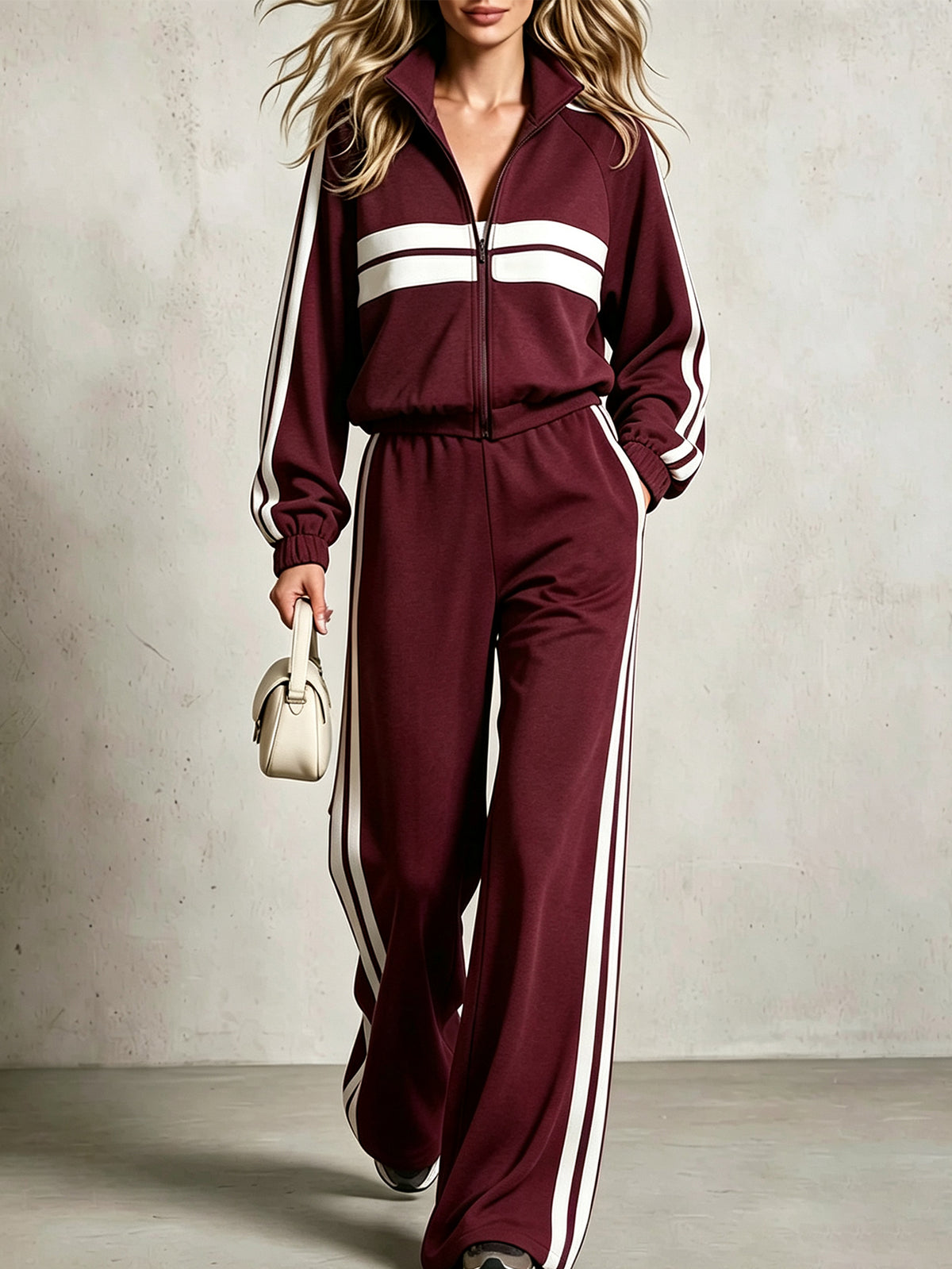 Women’s Stand Collar Casual Set Zip-Up Jacket & Wide Leg Pants Two-Piece Outfit