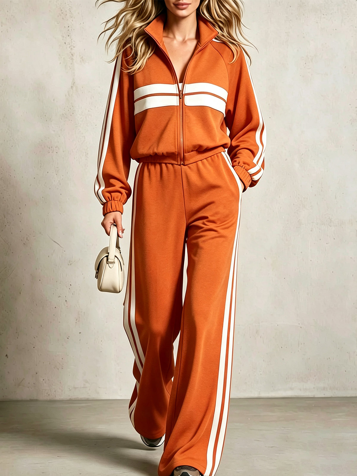 Women’s Stand Collar Casual Set Zip-Up Jacket & Wide Leg Pants Two-Piece Outfit