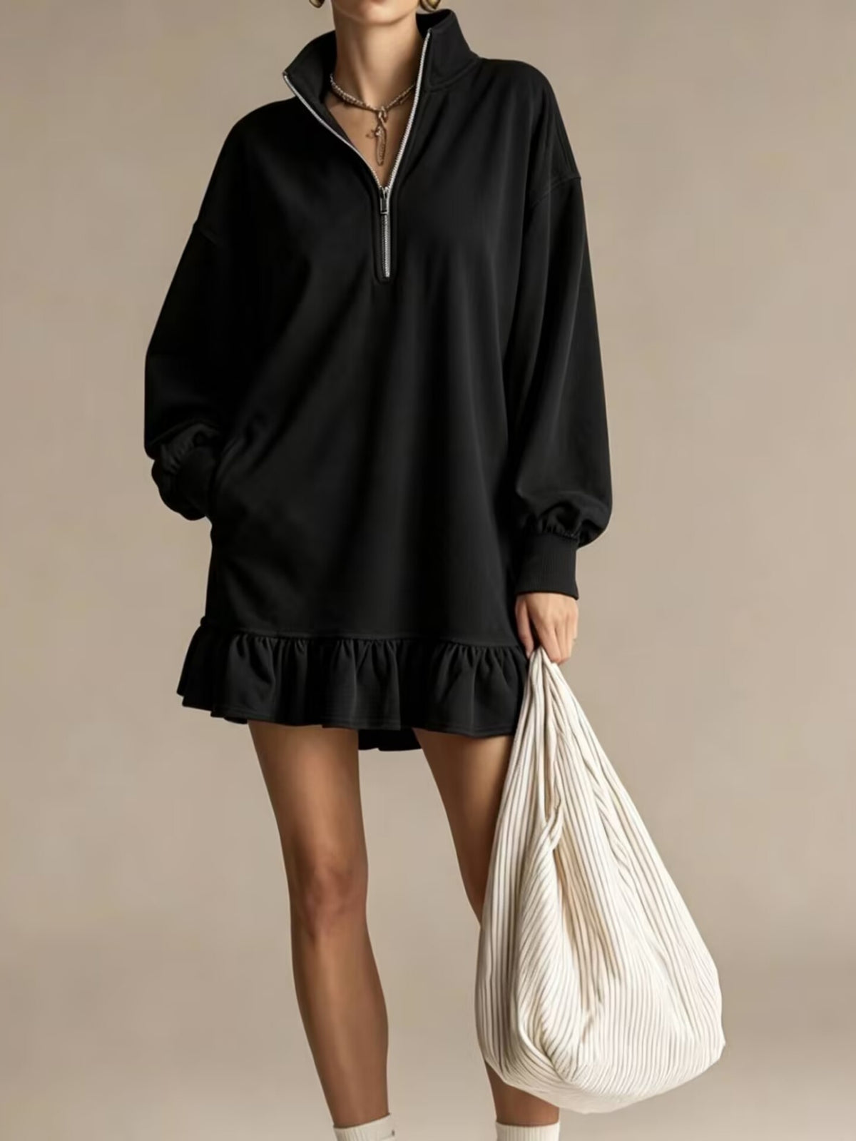 🍂 Women’s Stand Collar Ruffle Hem Casual Dress Half Zip Long Sleeve Mini Dress