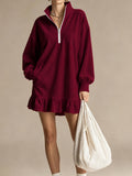 🍂 Women’s Stand Collar Ruffle Hem Casual Dress Half Zip Long Sleeve Mini Dress