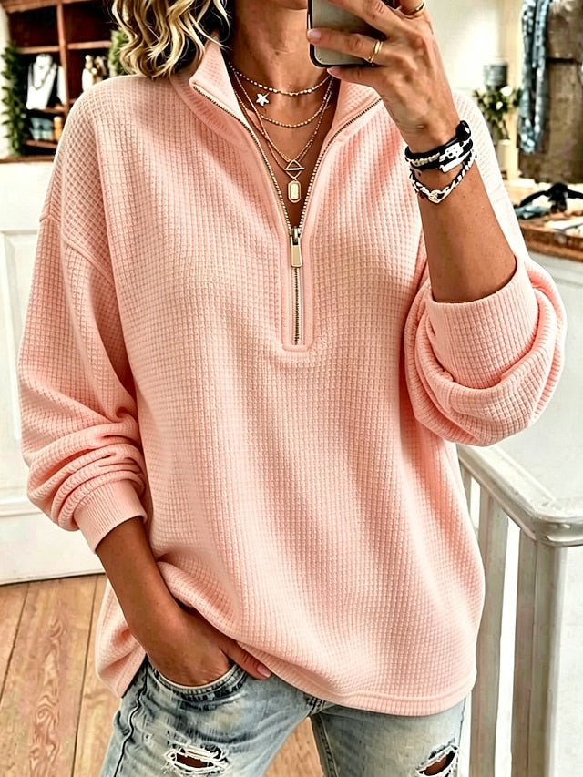 🍂 Women’s Stand Collar Long Sleeve Casual Top Half Zip Solid Color Pullover