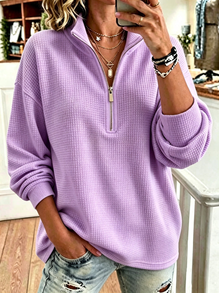 🍂 Women’s Stand Collar Long Sleeve Casual Top Half Zip Solid Color Pullover